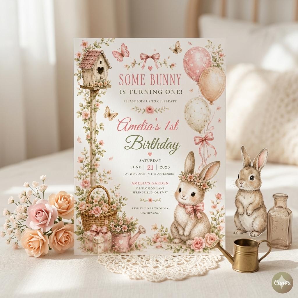 Some Bunny is One Invitation, Pink Bow Rabbit First Birthday Invitation, Coquette Pink Bow Bunny 1st Birthday Invitation, Editable Canva