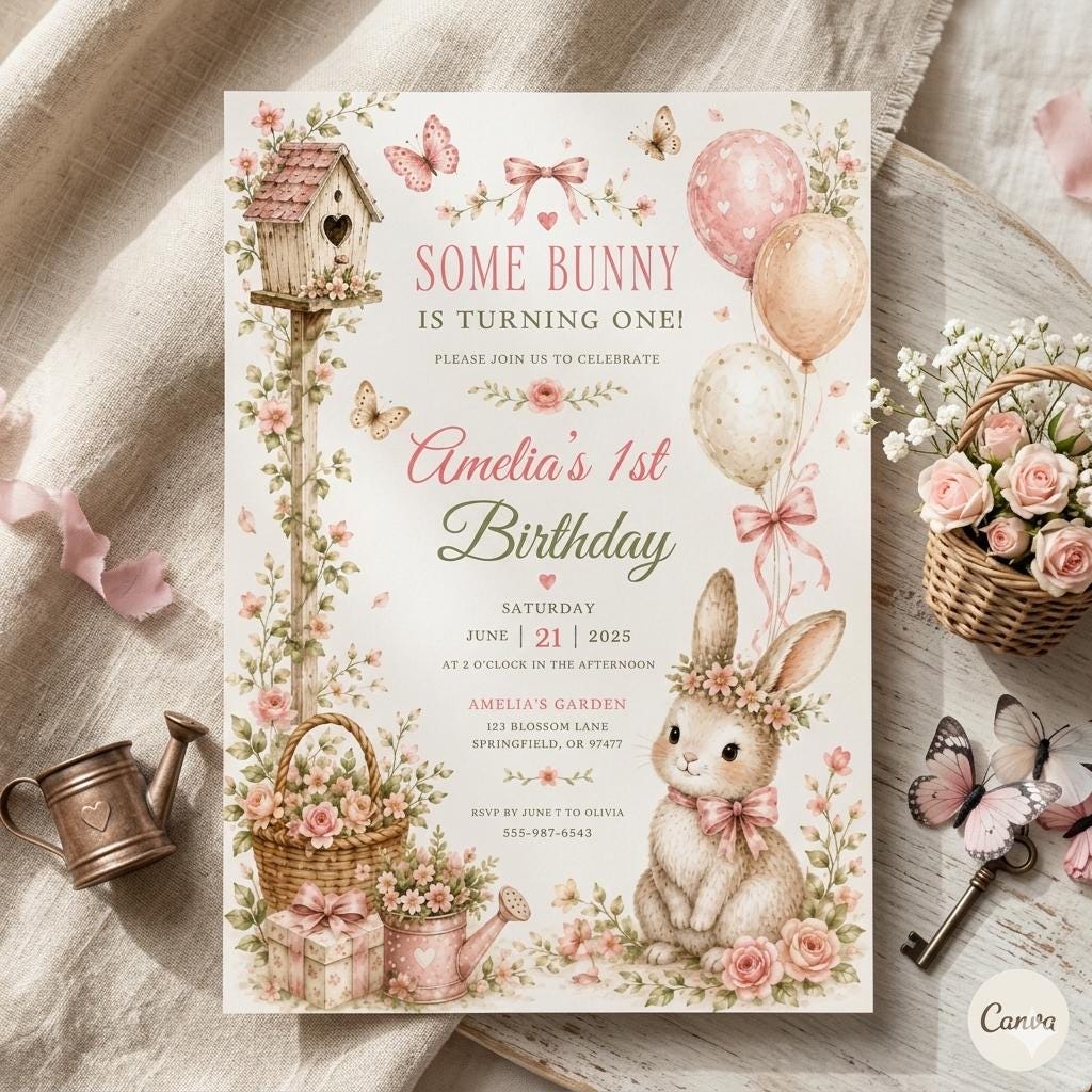 Some Bunny is One Invitation, Pink Bow Rabbit First Birthday Invitation, Coquette Pink Bow Bunny 1st Birthday Invitation, Editable Canva