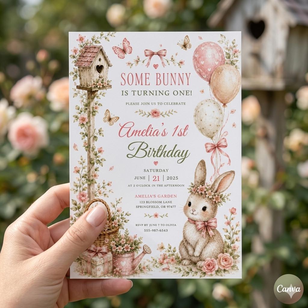 Some Bunny is One Invitation, Pink Bow Rabbit First Birthday Invitation, Coquette Pink Bow Bunny 1st Birthday Invitation, Editable Canva