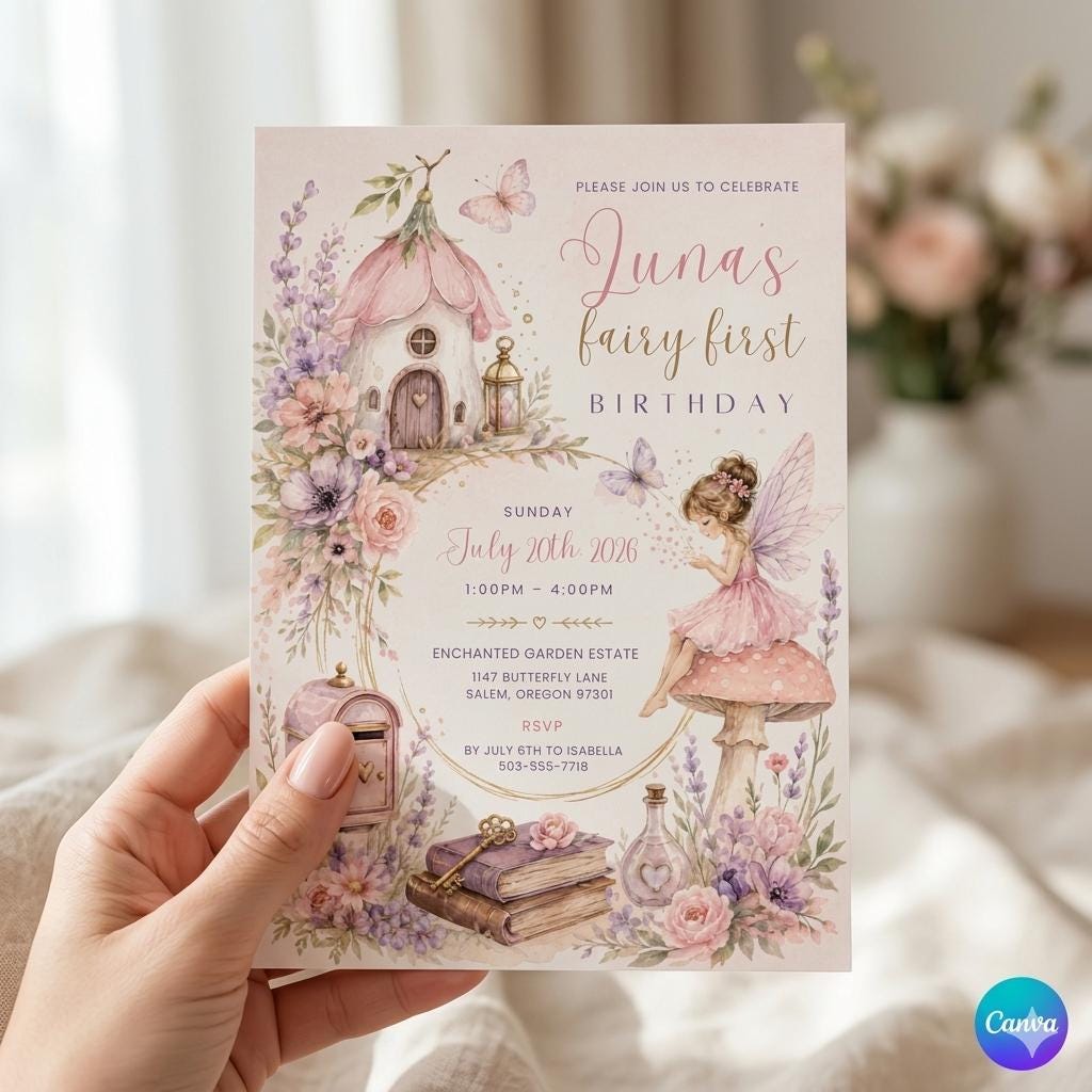 Editable Fairy First Birthday Invitation, Soft Pastel Floral 1st Birthday Party Printable Invite, Wildflower Fairy Garden Tea Party, Canva