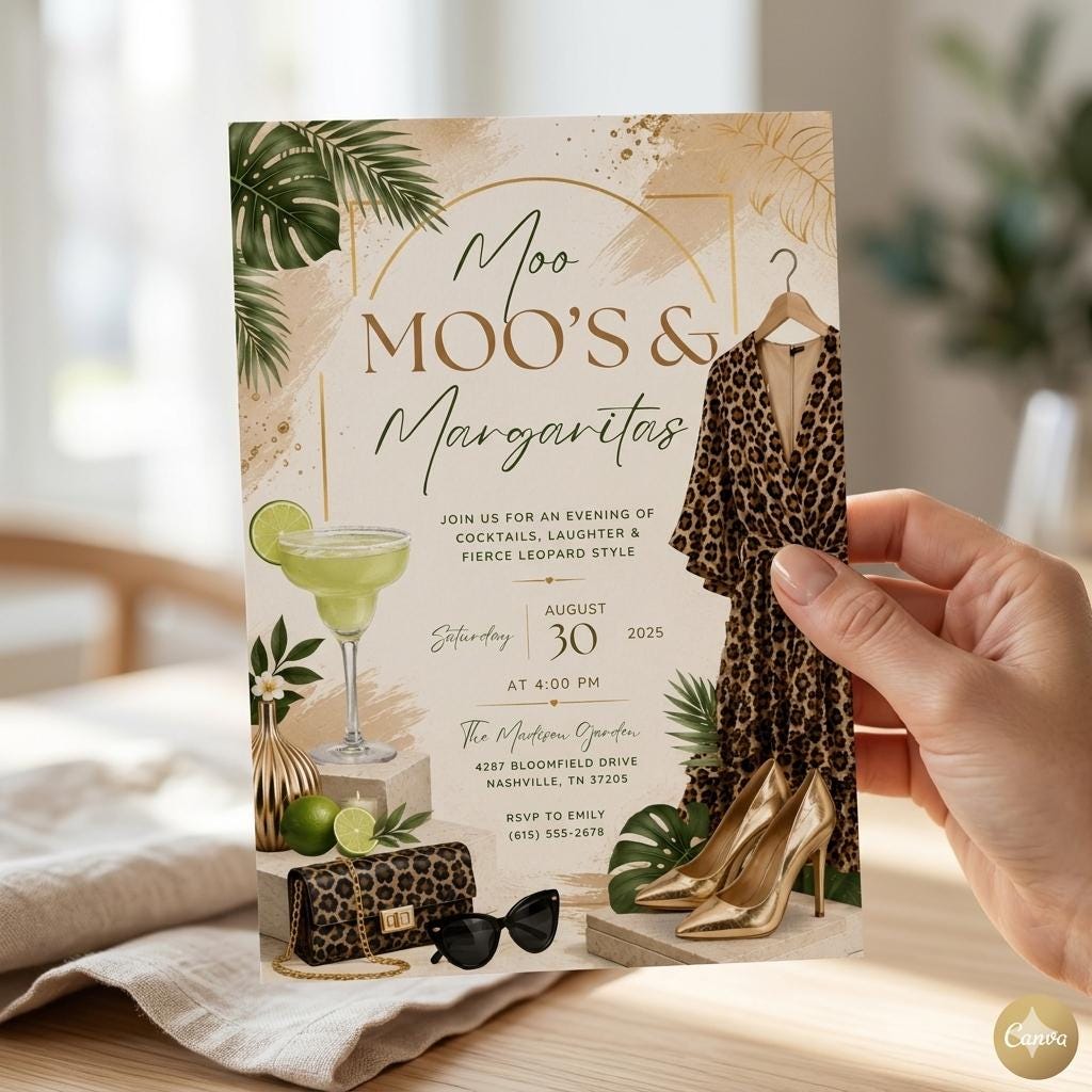 Moo Moos and Margaritas Invitation, Mumu & Margaritas Party Invite, Ladies Night Invitation, Leopard Pajama Girls Day Invite, Editable Canva
