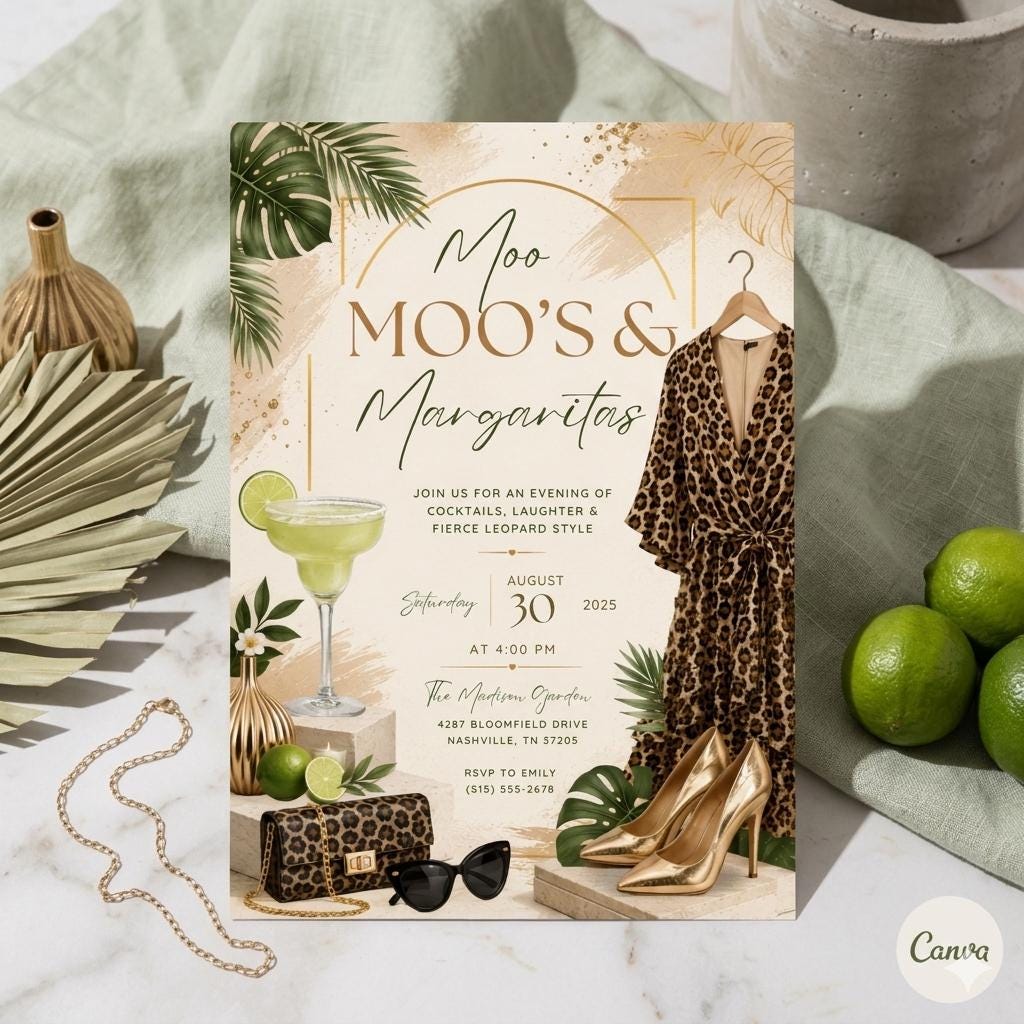 Moo Moos and Margaritas Invitation, Mumu & Margaritas Party Invite, Ladies Night Invitation, Leopard Pajama Girls Day Invite, Editable Canva