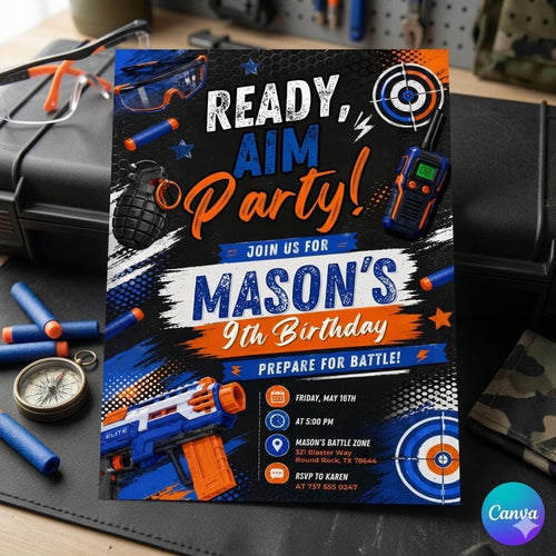 Blaster Birthday Invitation, Dart Battle Party Invite, Ready Aim Party Theme, Nerf Party Theme, Editable Canva Template