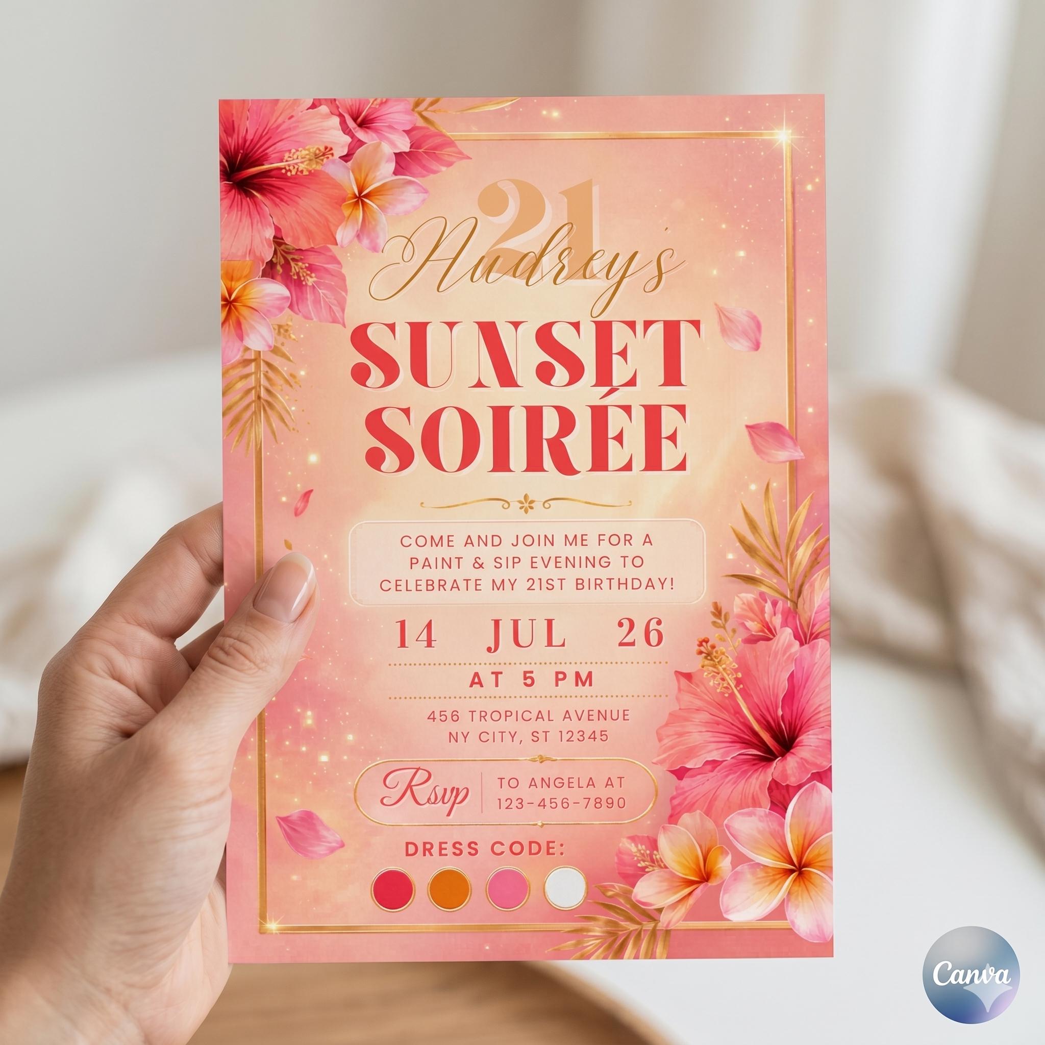 Sunset Soirée Invitation, Pink Orange Floral Summer Party Invite (Digital Download)