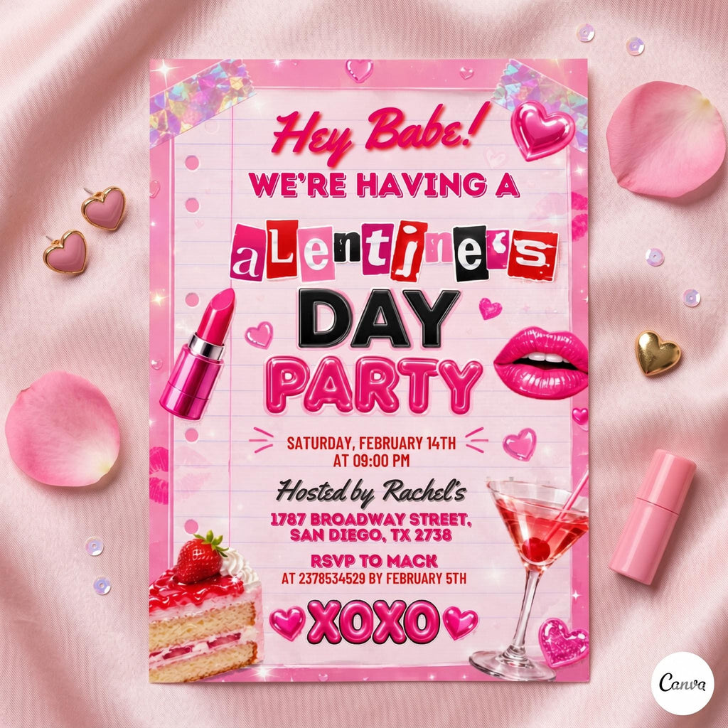 Galentine's Day Y2K Party Invitation, Girls Night Valentine's Party, Friends Valentines Dinner Invite, Galentines Day Invite, Editable Canva