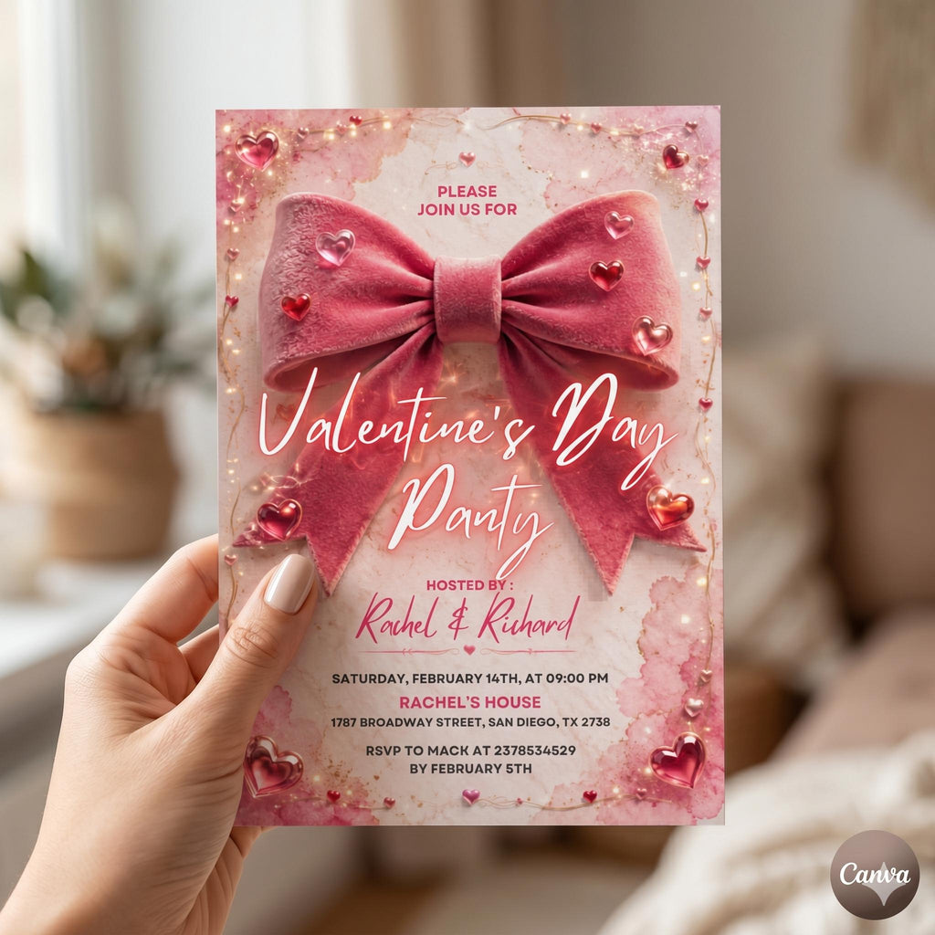 Pink Bow Galentine's Day Invitation, Coquette Aesthetic Neon Pink Girls Night Party, Watercolor Hearts, DIY Editable Canva Template, Evite