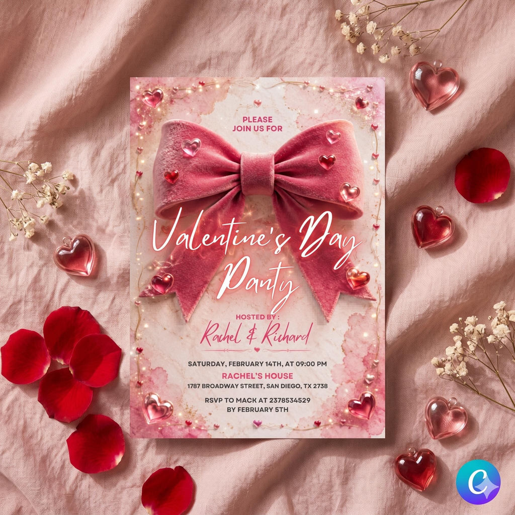 Pink Bow Galentine's Day Invitation, Coquette Aesthetic Neon Pink Girls Night Party, Watercolor Hearts, DIY Editable Canva Template, Evite