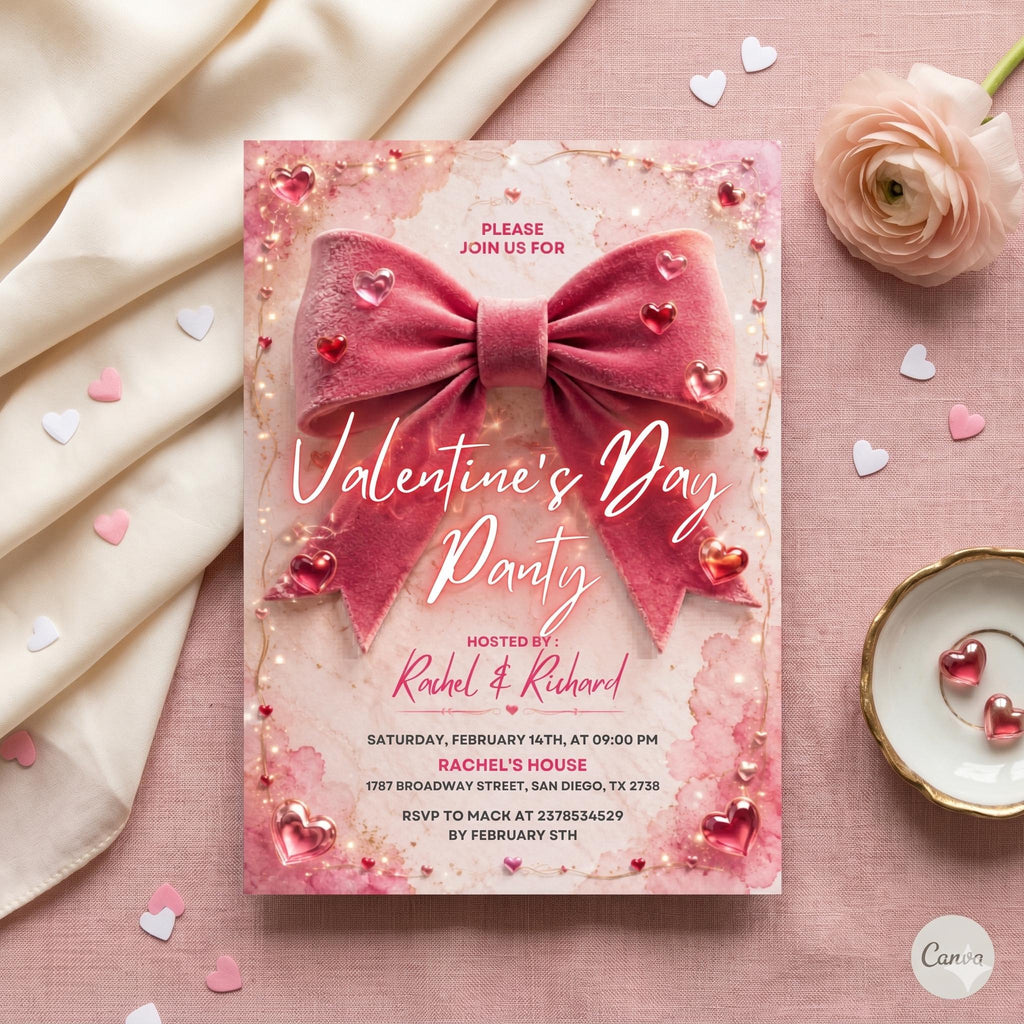 Pink Bow Galentine's Day Invitation, Coquette Aesthetic Neon Pink Girls Night Party, Watercolor Hearts, DIY Editable Canva Template, Evite