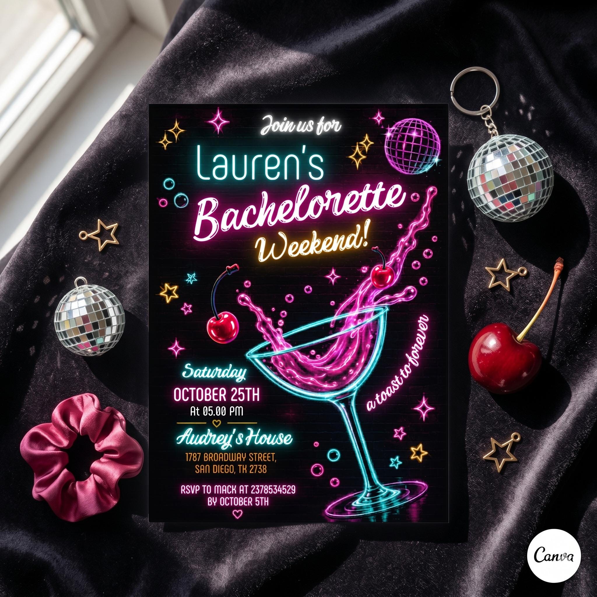 Colorful Bachelorette Weekend Events Itinerary Template, Drawn Bachelorette Invite, Bachelorette Weekend Invitation, Instant Download