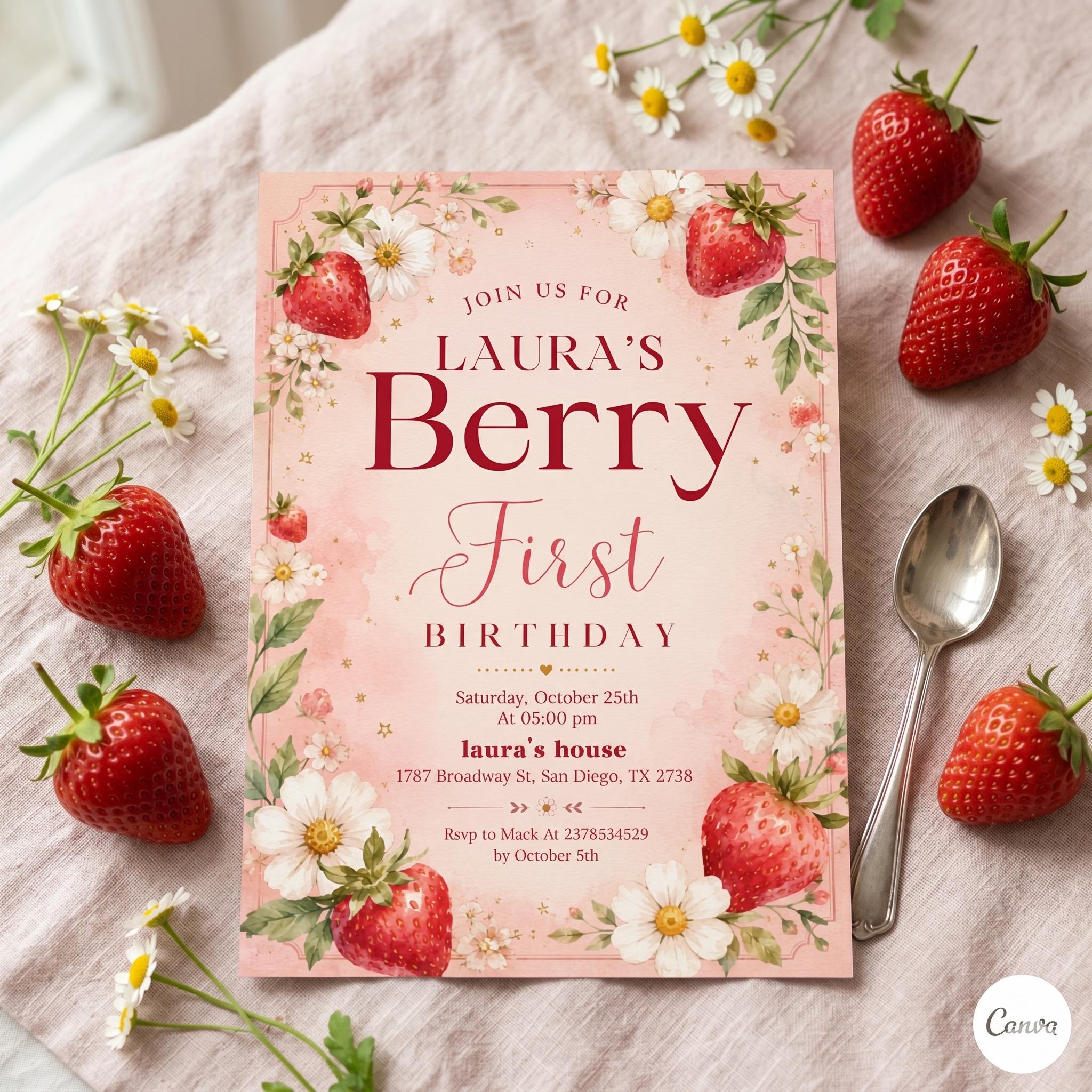 Berry First Birthday Invitation, Editable 1st Birthday Girl Invite, Strawberry First Birthday Girl Invitation, Instant Download