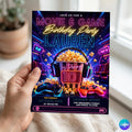 Movie and Gaming Birthday Invitation, Gaming Theater Party Invite, Video Game Invites, Neon Bday Card, Editable Canva Template