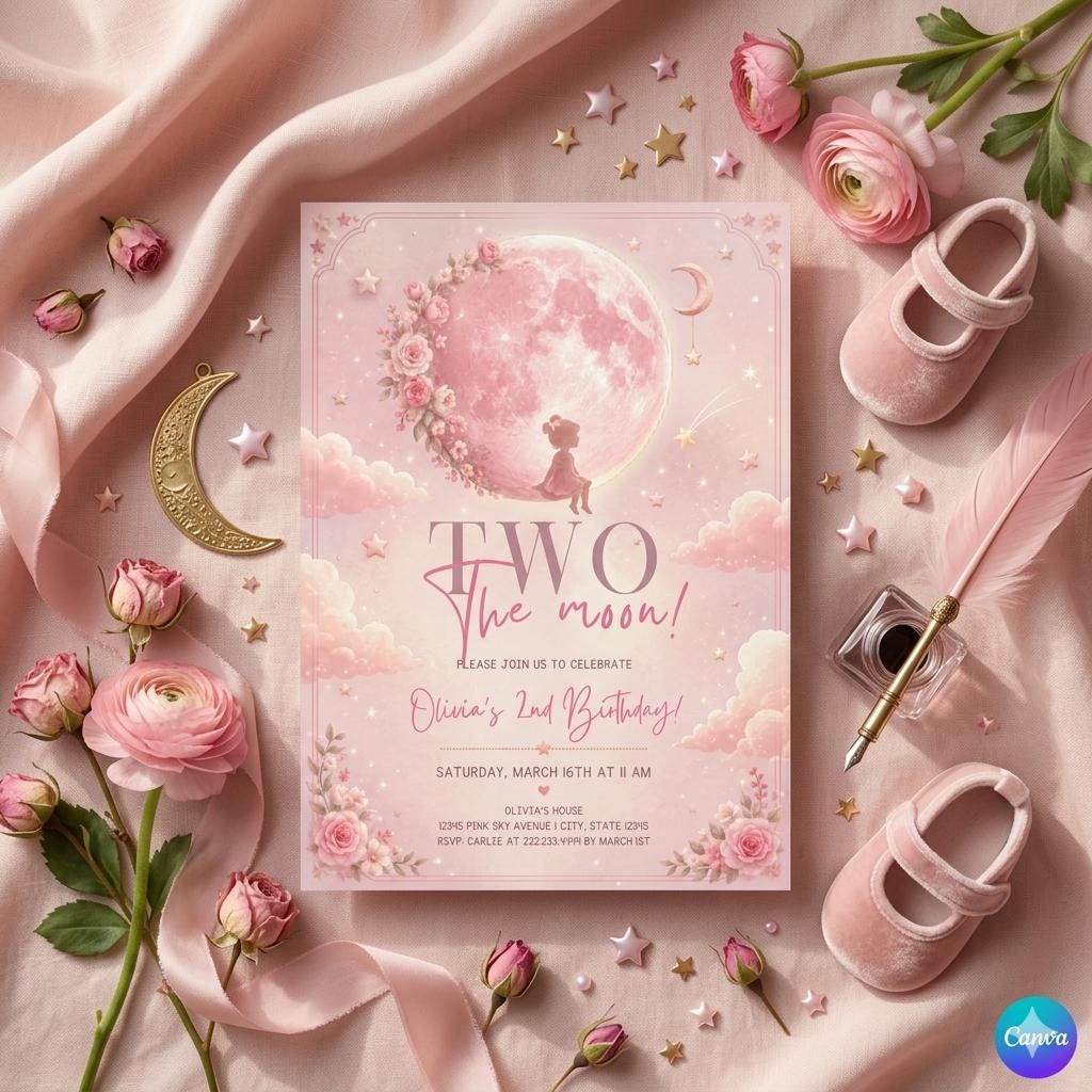 Two the Moon Birthday , Two the Moon 2nd Birthday Space Invite Girls Printable, Girls 2nd Birthday (Digital Download)