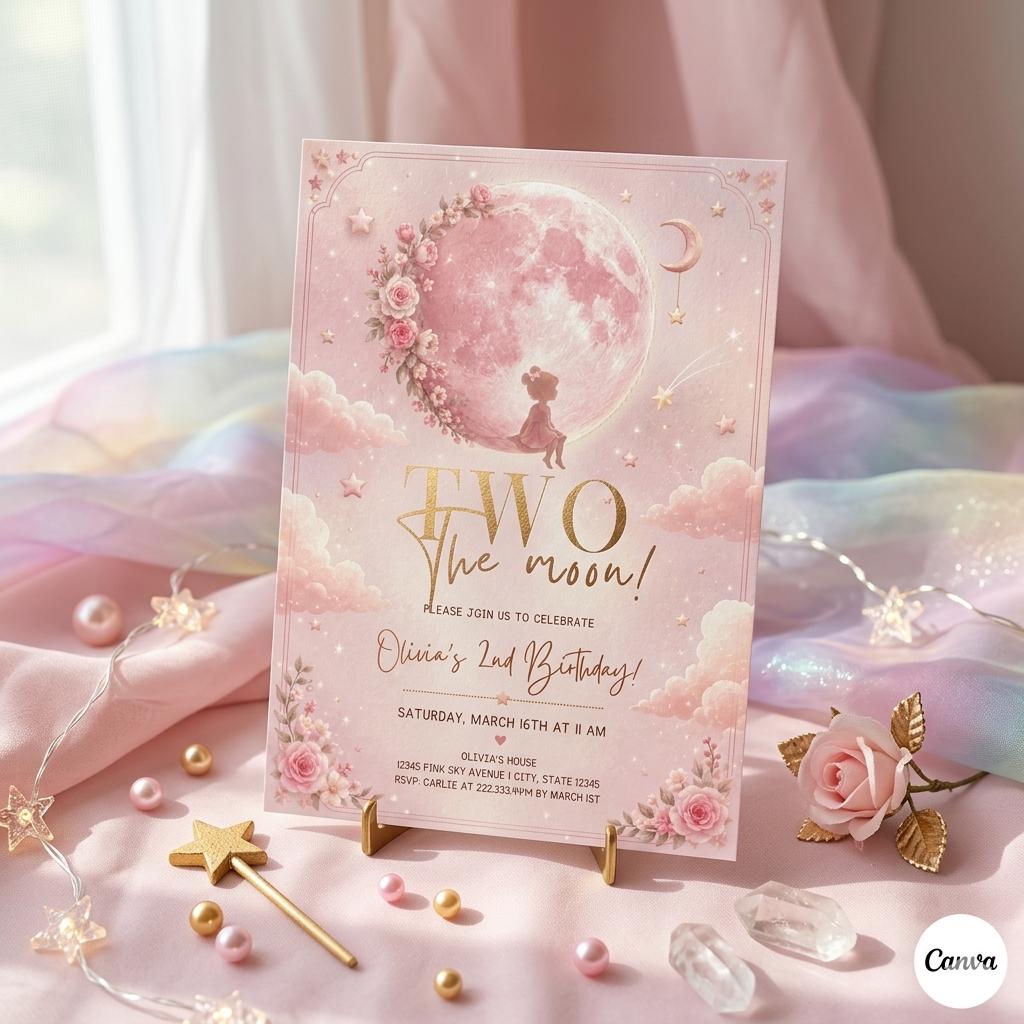 Two the Moon Birthday , Two the Moon 2nd Birthday Space Invite Girls Printable, Girls 2nd Birthday (Digital Download)