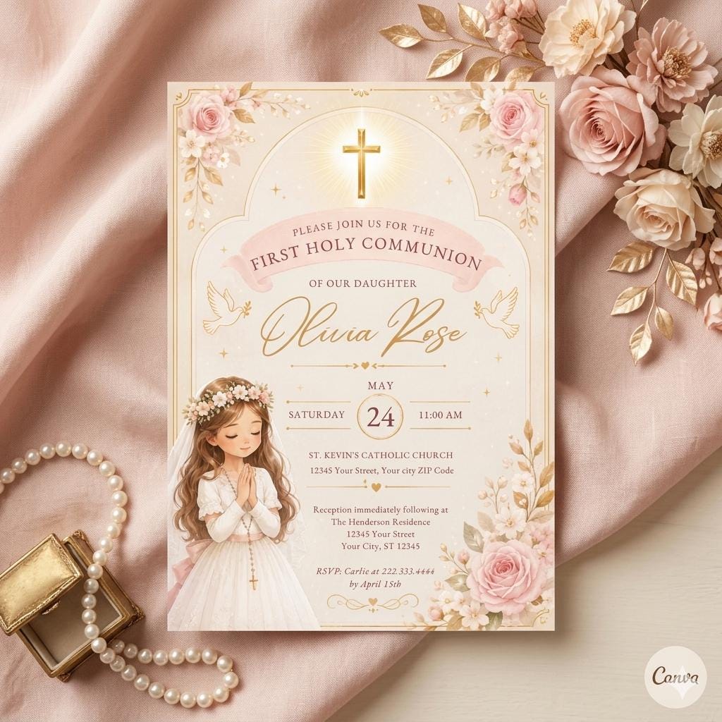 First Holy Communion Invitation: Pink Floral & Lace Design, Gold Cross Card, Elegant Religious Celebration Invite, Blonde (Digital Download)