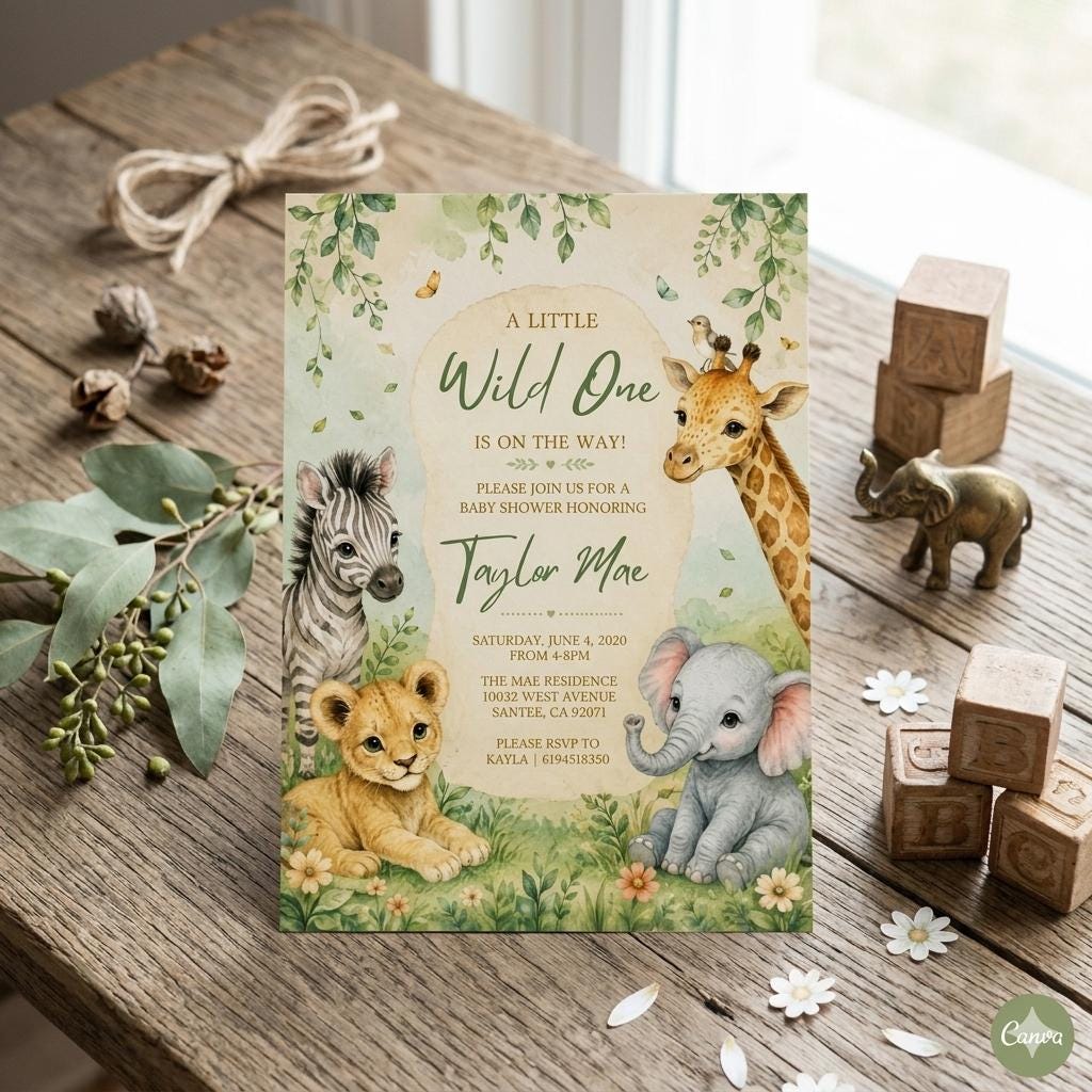Wild One Baby Shower Invitation: Greenery. Wild one invite, Jungle baby shower Invitation. Zoo Animal Baby Shower Invite (Digital Download)