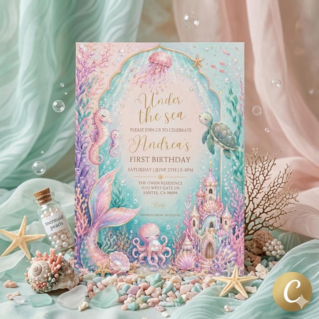 Under the Sea First Birthday Invitation Template , Mermaid Birthday Invitation. Girl Mermaid Birthday Party. Purple Teal (Digital Download)