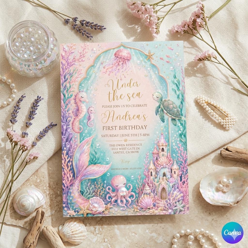 Under the Sea First Birthday Invitation Template , Mermaid Birthday Invitation. Girl Mermaid Birthday Party. Purple Teal (Digital Download)