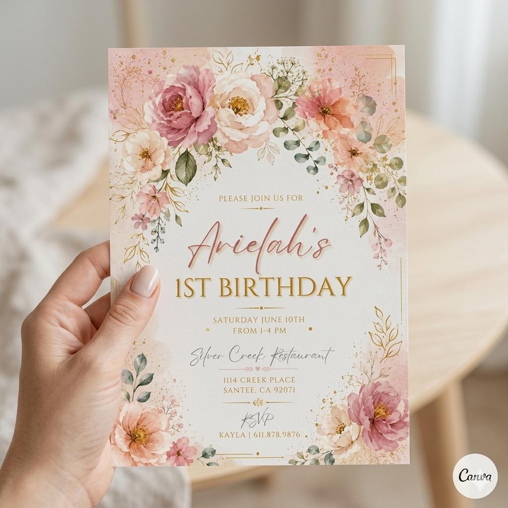 Floral 1st Birthday Invitation Template: Garden Floral Invite , Printable Wildflower 1st Birthday , Girls Birthday (Digital Download)