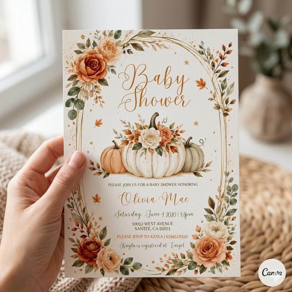 Fall Pumpkin Baby Shower Invitation Template, ender neutral invite, pumpkin baby shower invite, fall neutral baby shower (Editable Canva)