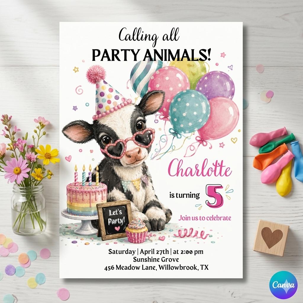 Cow Birthday Invite Canva Template, Farm Animal Party, Girl Birthday, Watercolor Balloons, Editable Digital Invitation, Printable Invite