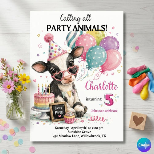 Cow Birthday Invite Canva Template, Farm Animal Party, Girl Birthday, Watercolor Balloons, Editable Digital Invitation, Printable Invite
