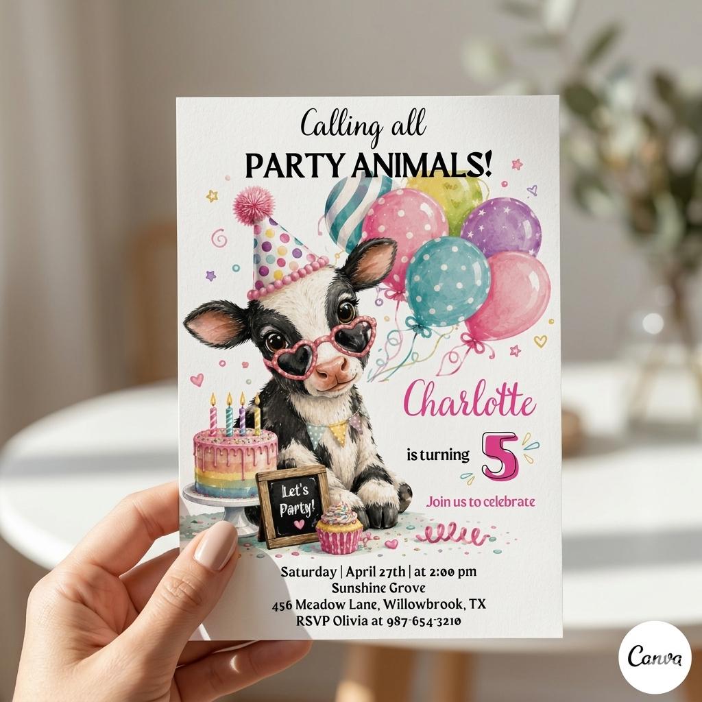 Cow Birthday Invite Canva Template, Farm Animal Party, Girl Birthday, Watercolor Balloons, Editable Digital Invitation, Printable Invite