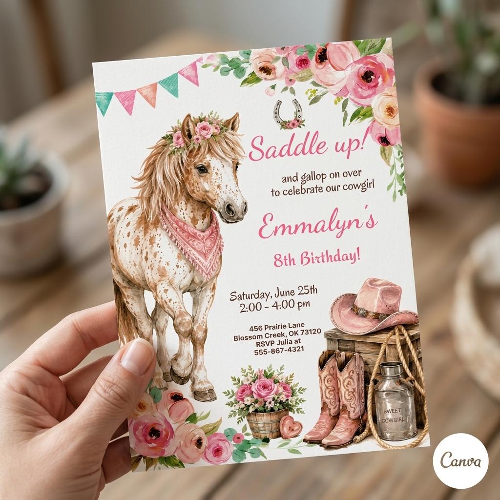 Editable Cowgirl Birthday Invitation Template, Girl Horse Birthday Invitation, Cowgirl Party Horse Invite, Pink Floral Birthday Invitation
