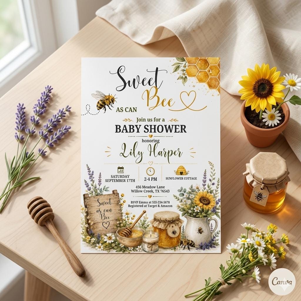 Sweet Bee Baby Shower Invitation Template, Bee Parents to Bee Baby Shower Invitation, Gender Neutral Couples Baby Shower (Digital Download)