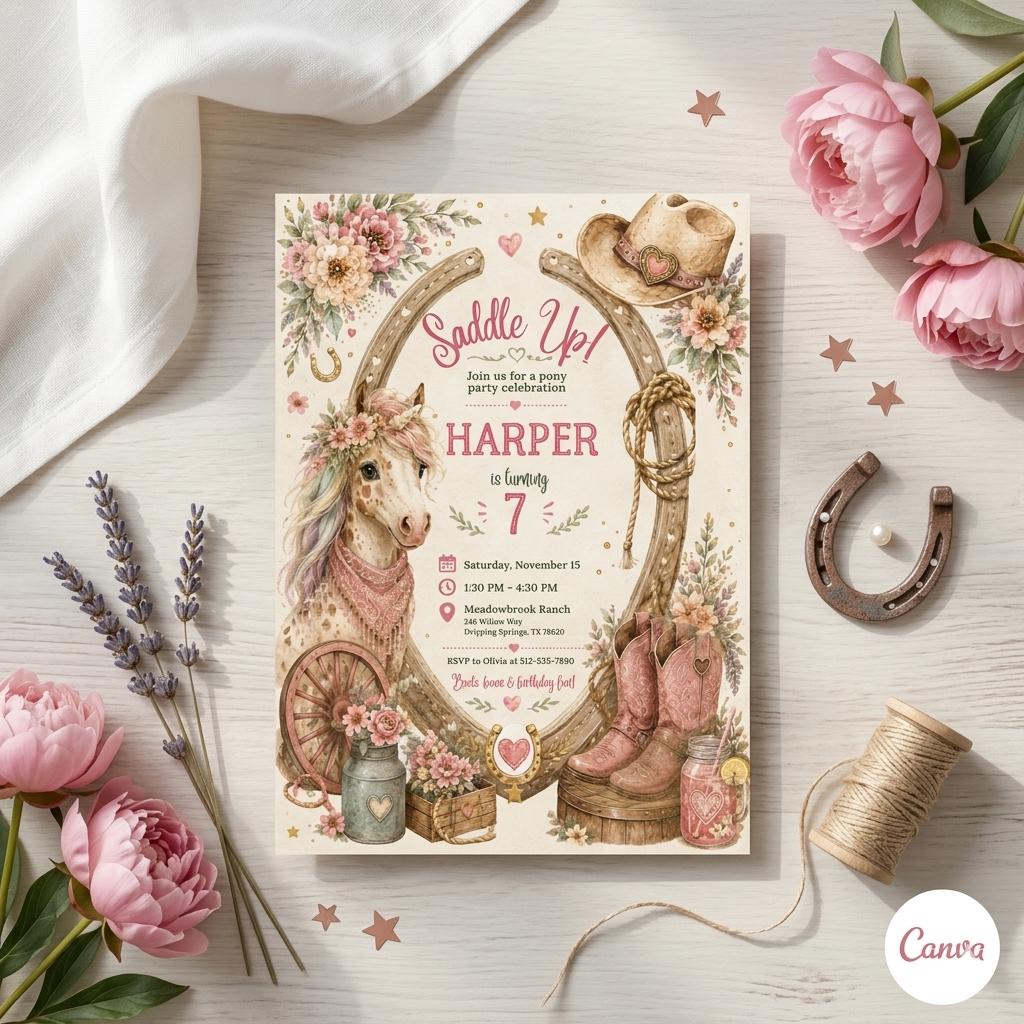 Cowgirl Horse Birthday Invitation, Saddle Up Party Template, Pastel Western Birthday Equestrian Party Invite, Cowgirl Invite, Canva Template