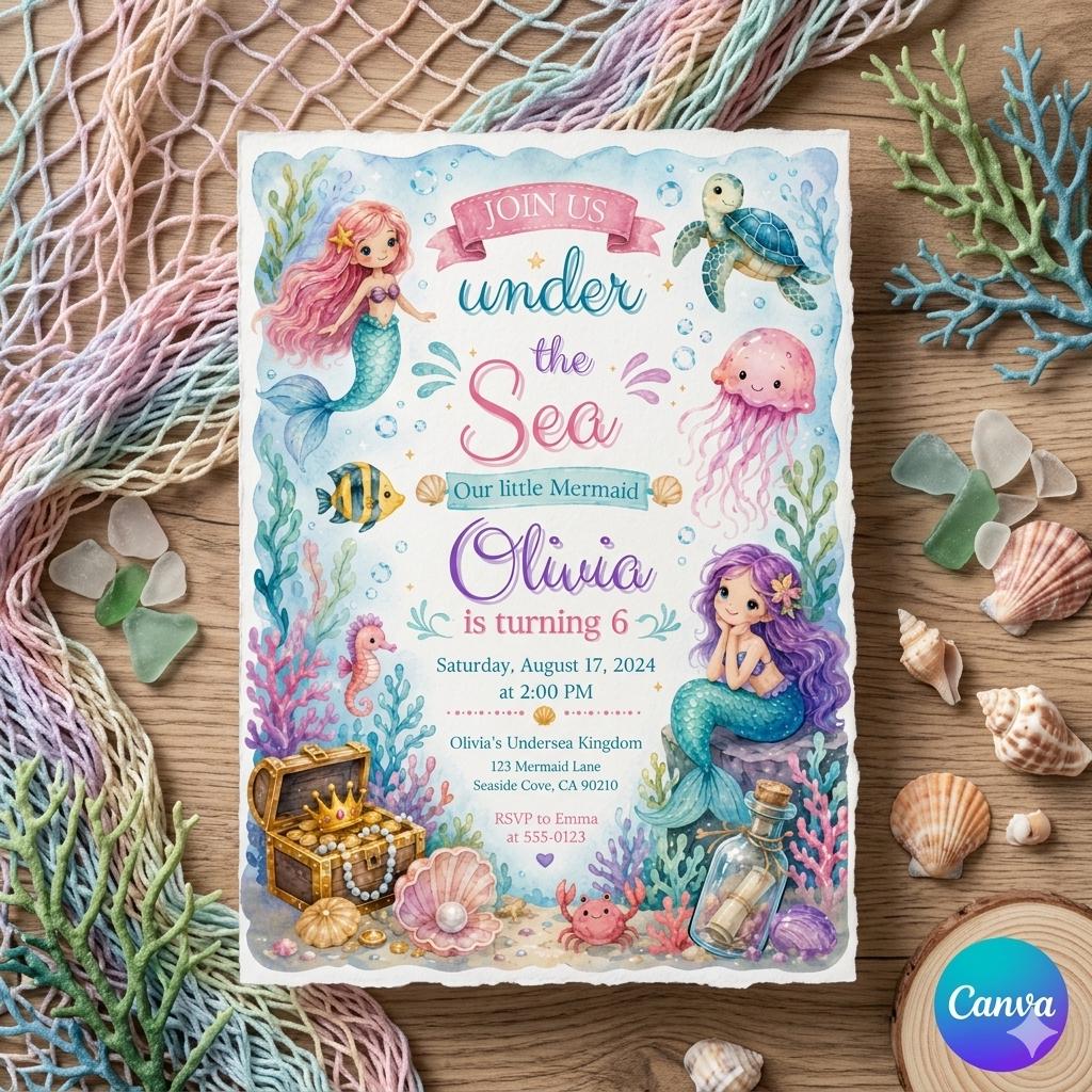 Mermaid Birthday Invitation Template: Under the Sea Party Invite (Digital Download)