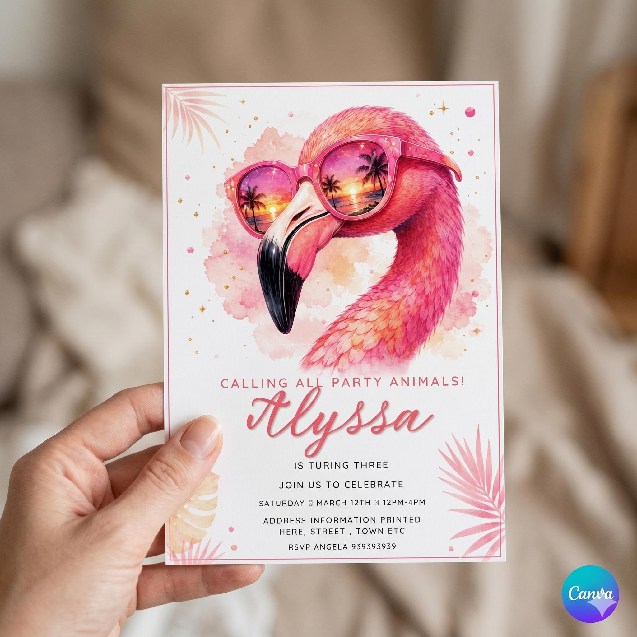 Disco Flamingo Birthday Invitation, Watercolor Flamingo Birthday , Editable Party Invite (Digital Download)