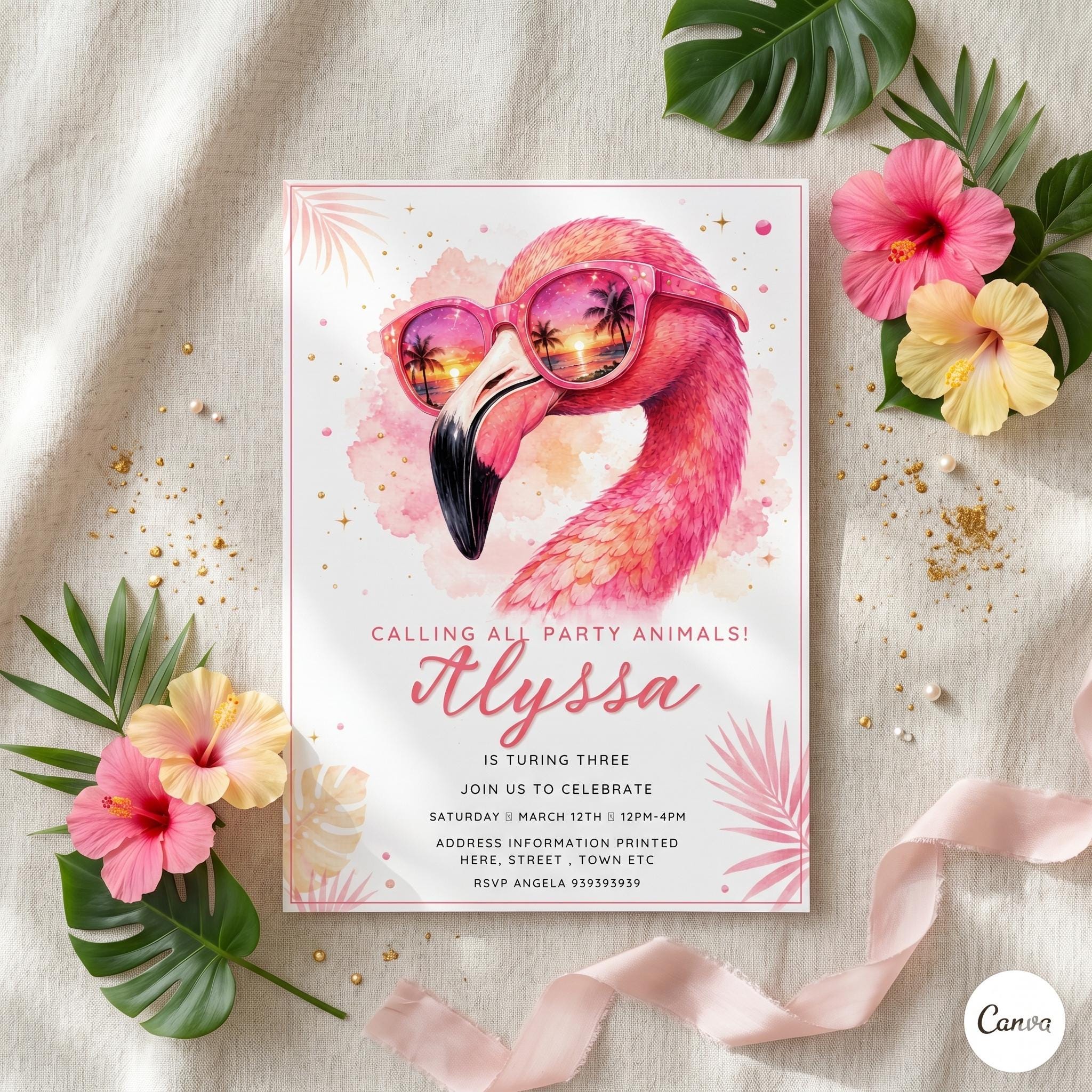 Disco Flamingo Birthday Invitation, Watercolor Flamingo Birthday , Editable Party Invite (Digital Download)
