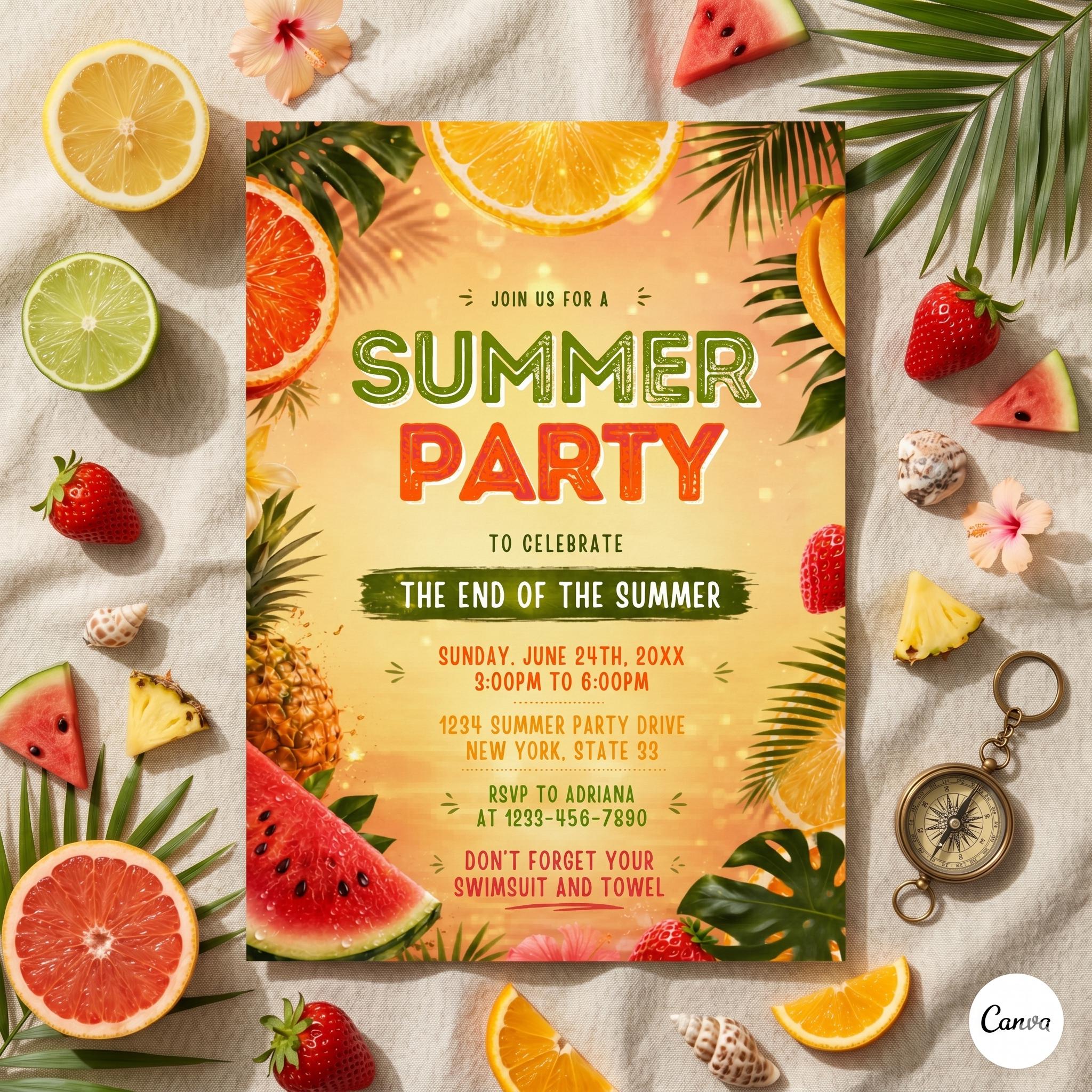 Summer Party Invitation ,Goodbye School Hello Summer ,Editable Kids ,Template Canva Template