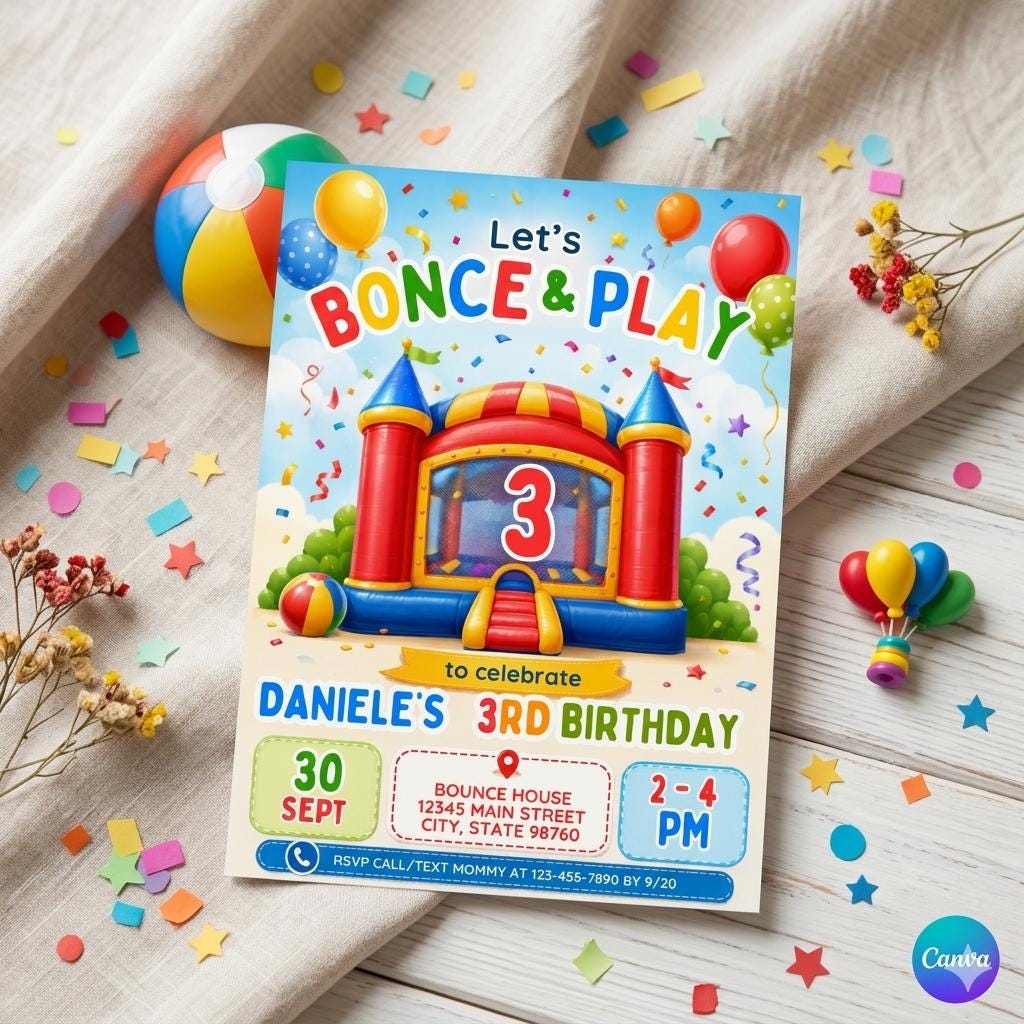 Editable Bounce House Birthday Invitation, Kids Jump Bounce House Party Invitation, Printable Bouncing Castle Invitation Canva Template