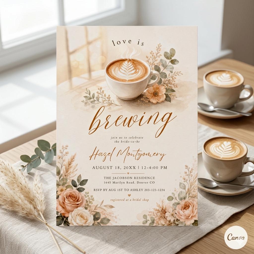 Bridal Shower Invitation: "Love is Brewing" Coffee Theme (Digital Download)