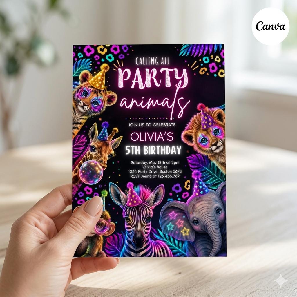 Editable Party Animals Birthday Invitation Pastel Rainbow Cheetah Print Leopard Print Wild Safari Animals Birthday Party Invite Download
