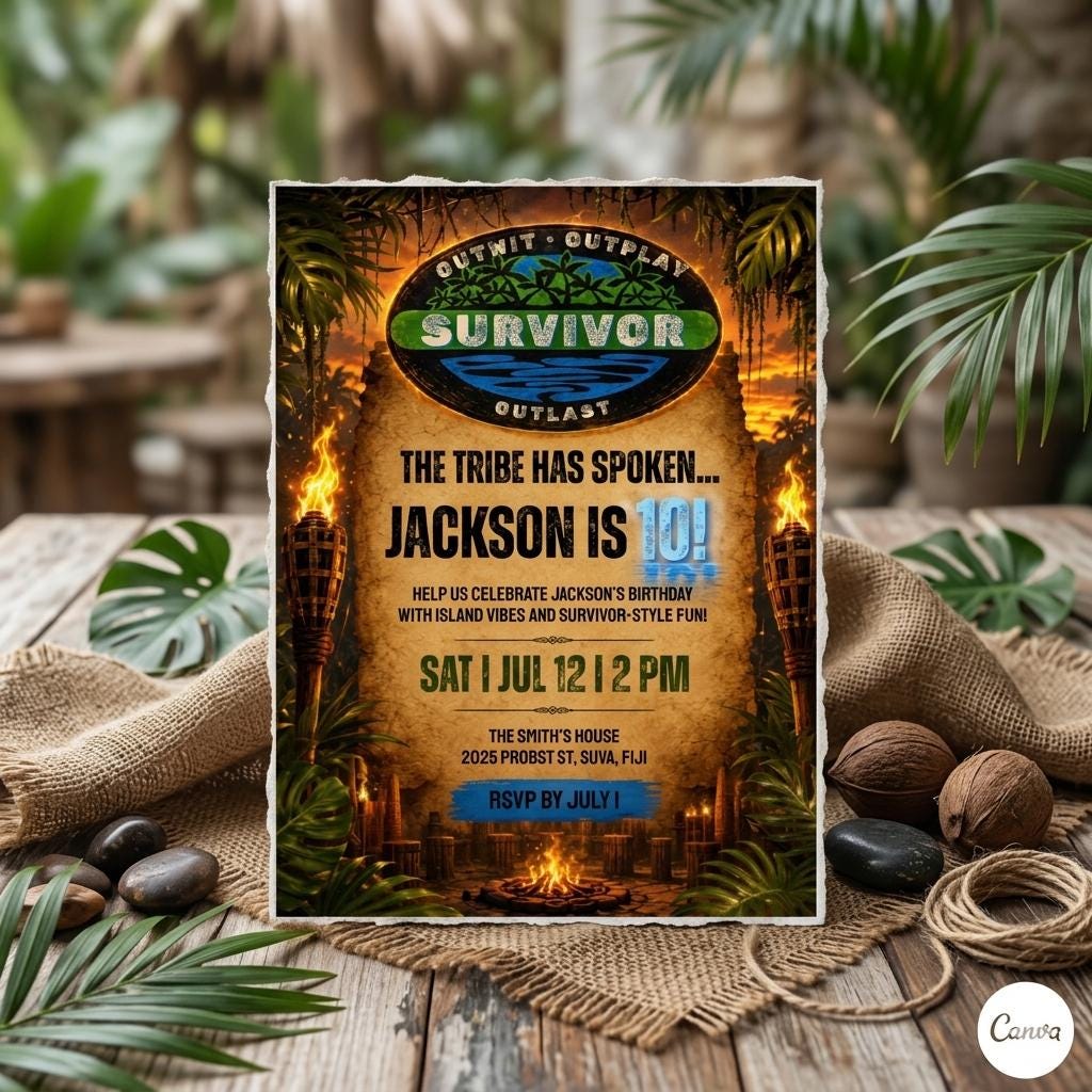 Editable Survivor Birthday Invitation , Tribal Party Theme , Birthday Digital Invite , Printable Island Birthday (Editable Canva Template)