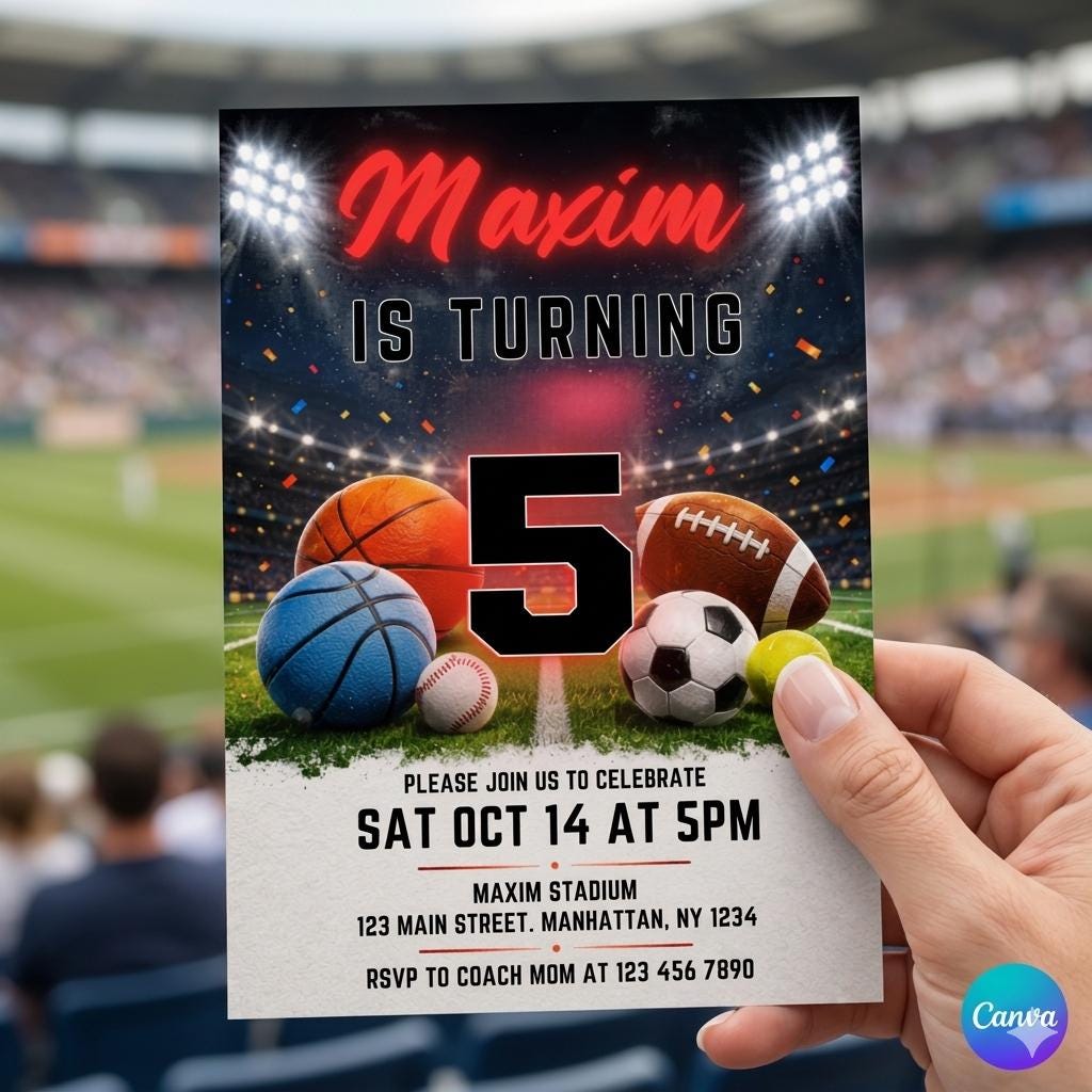 Sports Birthday Invitation , Editable Digital Download , Printable All-Star Party Invite , Multi-Sport Theme Birthday Card for Kids