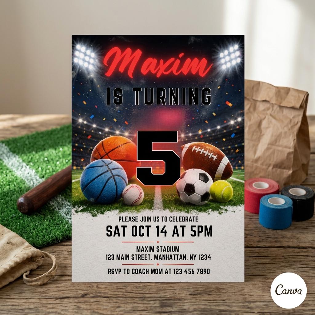 Sports Birthday Invitation , Editable Digital Download , Printable All-Star Party Invite , Multi-Sport Theme Birthday Card for Kids