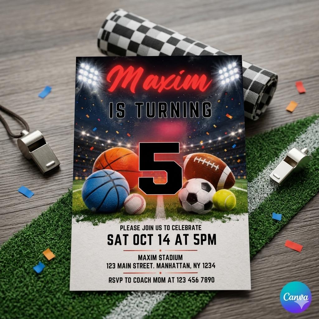 Sports Birthday Invitation , Editable Digital Download , Printable All-Star Party Invite , Multi-Sport Theme Birthday Card for Kids