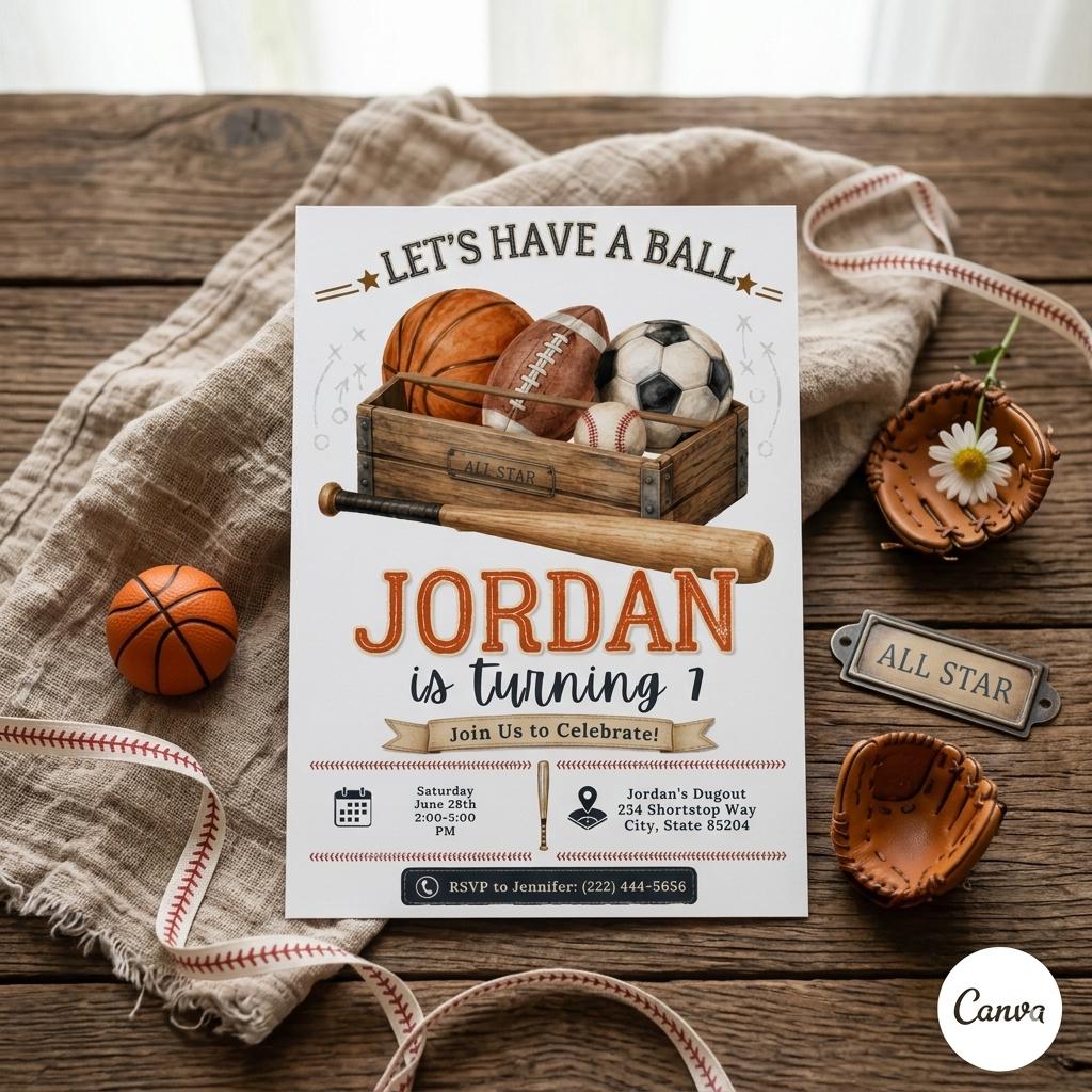 Sports Birthday Invitation , All Star Sports Birthday Invitation, Printed Party Invite , editibale canva