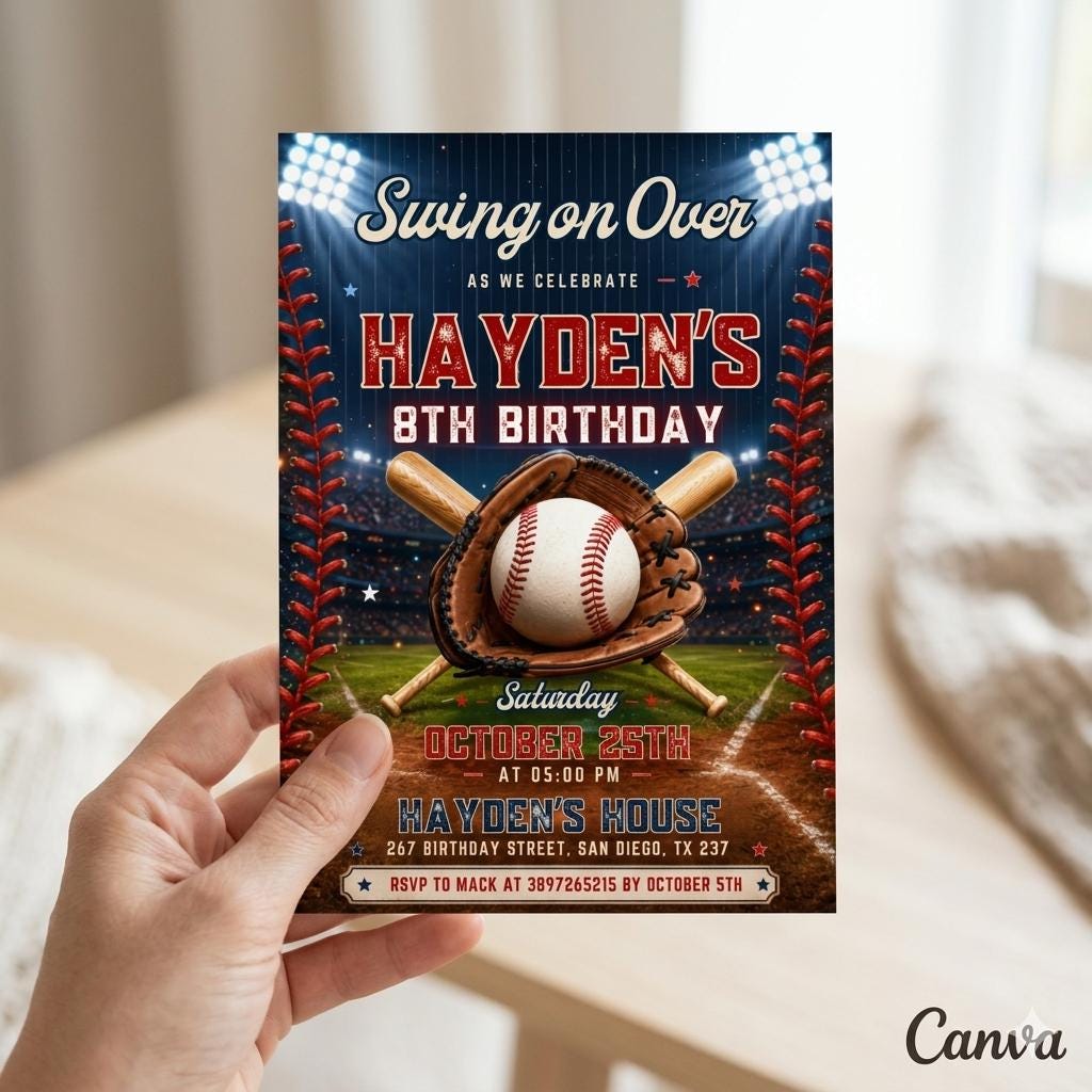Baseball Birthday Party Invitation, Sports Birthday Invitation, Swing on Over, Rookie of the Year, Digital Editable Printable