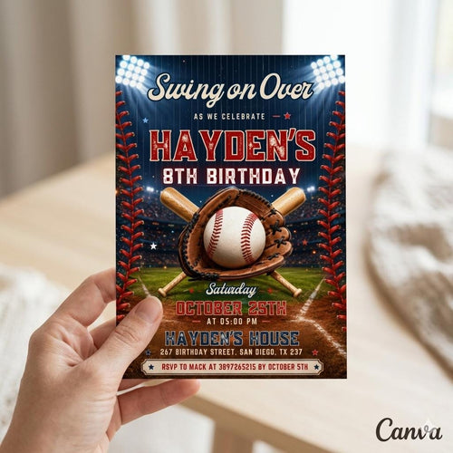 Baseball Birthday Party Invitation, Sports Birthday Invitation, Swing on Over, Rookie of the Year, Digital Editable Printable