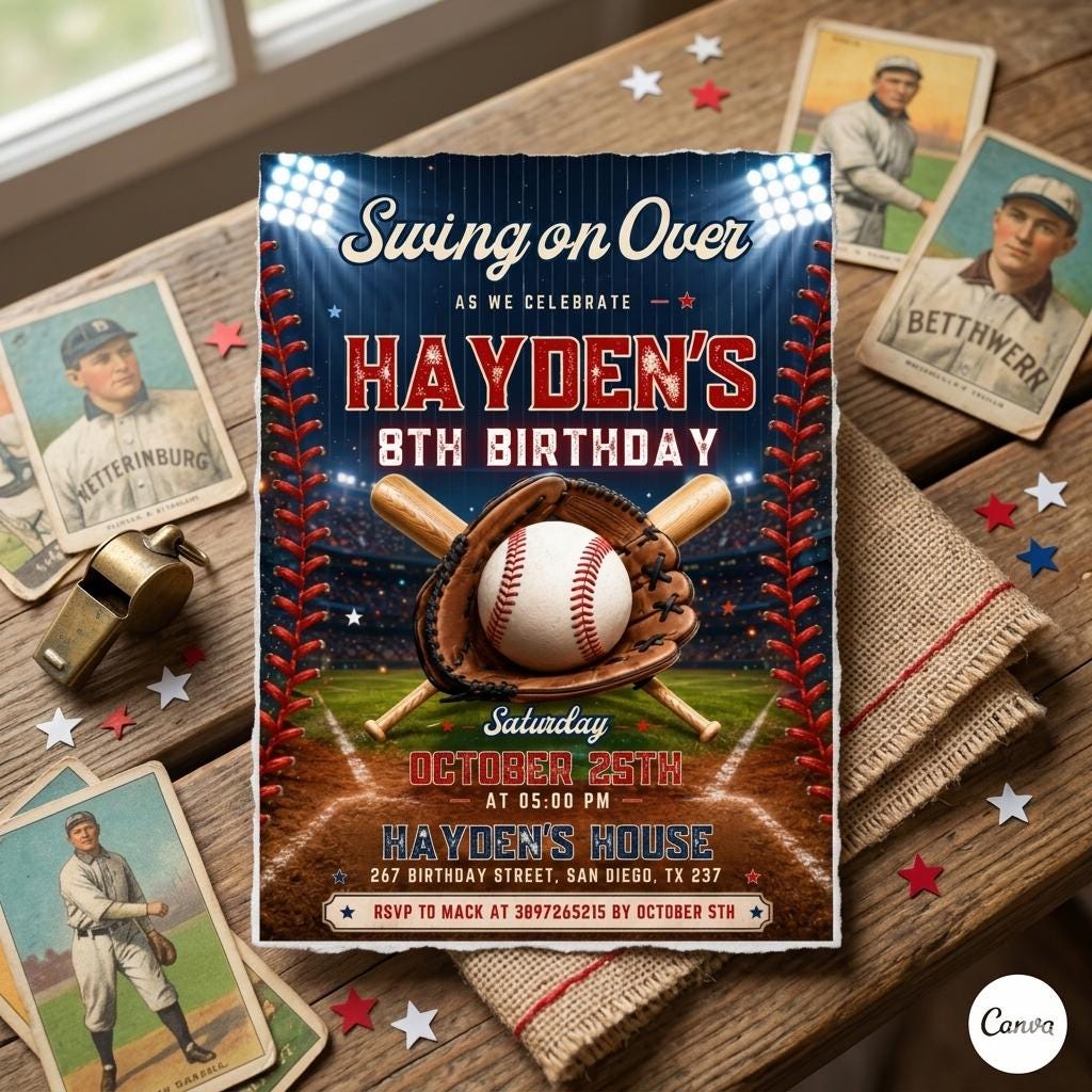 Baseball Birthday Party Invitation, Sports Birthday Invitation, Swing on Over, Rookie of the Year, Digital Editable Printable