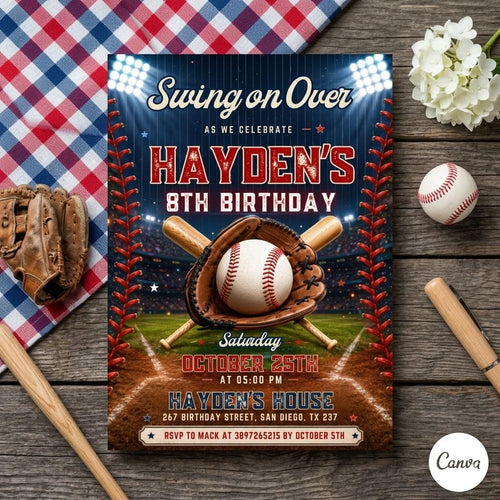 Baseball Birthday Party Invitation, Sports Birthday Invitation, Swing on Over, Rookie of the Year, Digital Editable Printable
