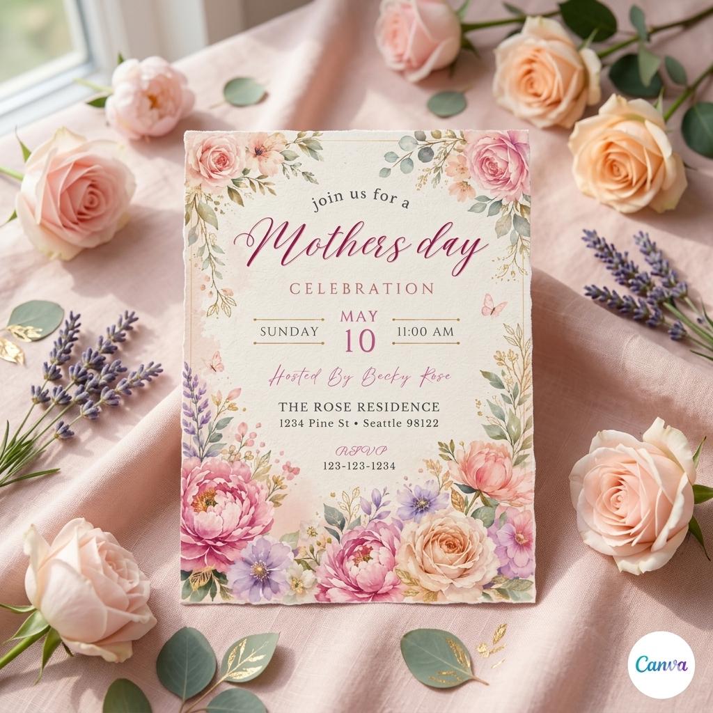 Mother’s Day Invitation Template, Editable Canva Invite, Printable or Mobile Invitation, Floral Celebration Invite, Instant Download,Digital