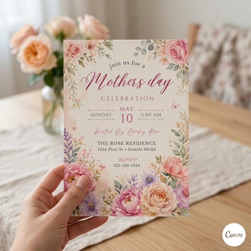 Mother’s Day Invitation Template, Editable Canva Invite, Printable or Mobile Invitation, Floral Celebration Invite, Instant Download,Digital