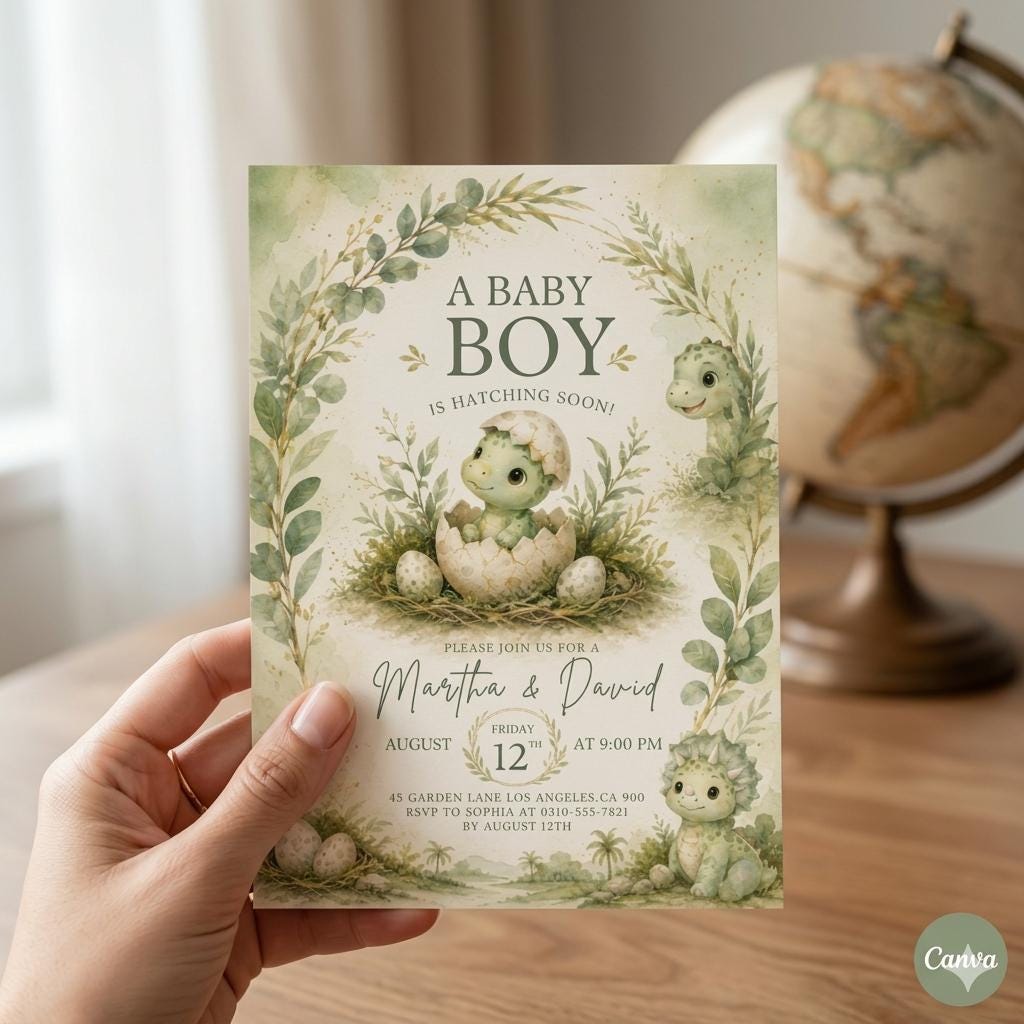 Hatching Soon Baby Shower Invitation,Editable Baby Dino Boy Invite,Dinosaur Egg Couples Template Mobile Evite Hsb – Editable Canva Template