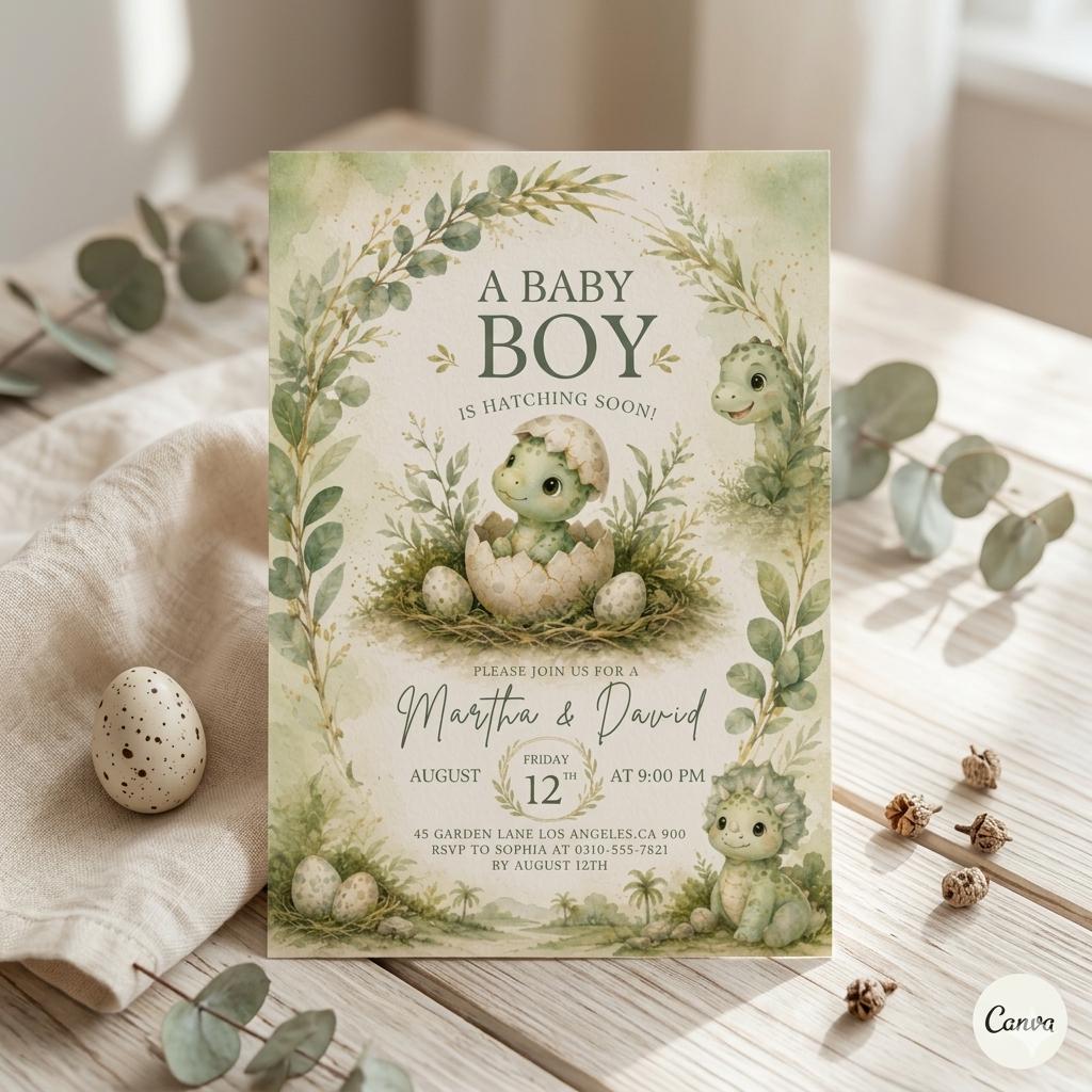 Hatching Soon Baby Shower Invitation,Editable Baby Dino Boy Invite,Dinosaur Egg Couples Template Mobile Evite Hsb – Editable Canva Template