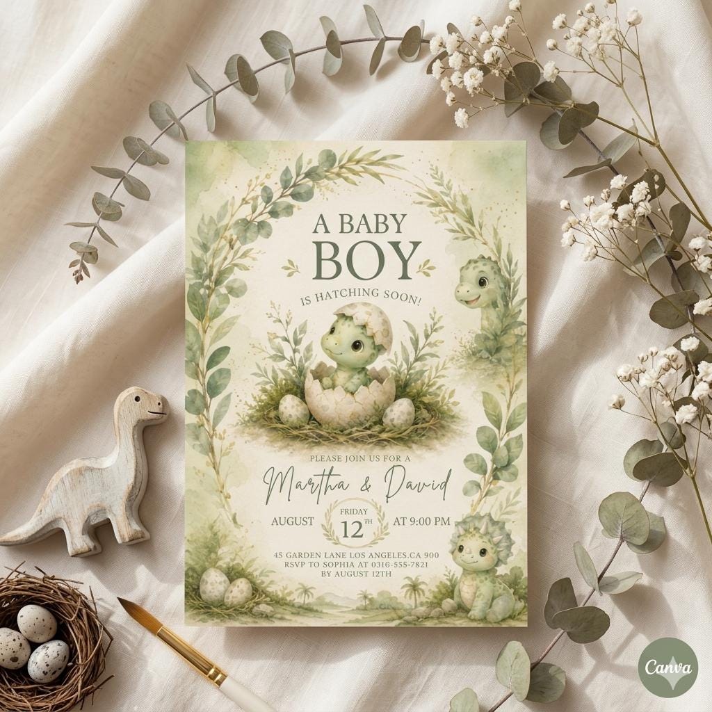 Hatching Soon Baby Shower Invitation,Editable Baby Dino Boy Invite,Dinosaur Egg Couples Template Mobile Evite Hsb – Editable Canva Template